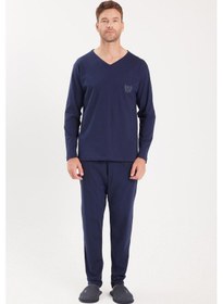Resim Tudors Erkek Standart Fit %100 Pamuk V Yaka Beli Lastikli Lacivert Pijama Takımı-37940 Lacivert 