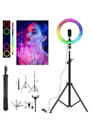 Resim Anyplus 10 Inç Rgb Çok Renkli Led Make Up Selfie Işığı 210 Cm Tripot Selfie Çubuğu Tiktok Işığı AP-MJ-26 