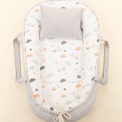 Resim Babynest ve Yastık- Çift Taraflı - Açık Gri Örgü - Kuş 