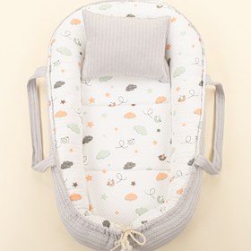 Resim Babynest ve Yastık- Çift Taraflı - Açık Gri Örgü - Kuş 