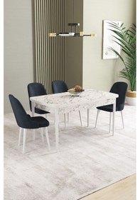 Resim Ikon Beyaz Mermer Desen 80x132 Mdf Açılabilir Yemek Masası Takımı 4 Adet Sandalye Antrasit 