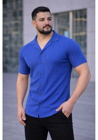 Resim Erkek Waffle Kumaş Kısa Kollu Düğmeli Açık Yaka Regular Fit Gömlek - Saks Mavisi Saks Mavisi 