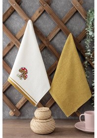 Resim 2 Li Mutfak Havlusu Hardal Rengi Mantar Nakışlı Hardal 