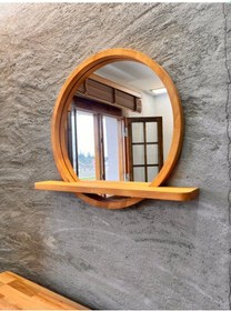 Resim 95x95 Cm Raflı Masif Kayın Ağacı Yuvarlak Ayna İskandinav Tarzı Antre Ve Banyo Aynası Beyaz 