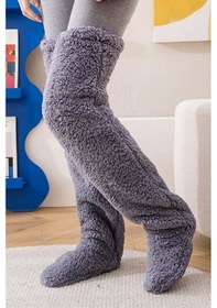 Resim Sauna Suit Gri Sock Peluş Uyku Çorabı Welsoft Diz Üstü Oda Çorabı Ayak Isıtıcı Uzun Gonç Çorap Gri 