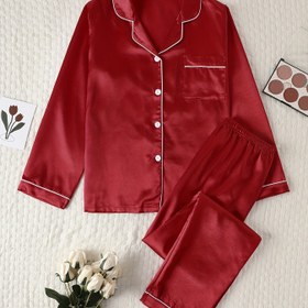 Resim Sonbahar ve kış için yüksek kaliteli düz renkli saten pijama takımı, rahat uzun kollu üst ve rahat elastik bel pantolon 