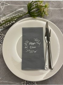 Resim Gümüş Yaldızlı Gri Afiyet Olsun Çiçekli Çelenk Garson Peçete 16 Adet 