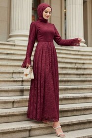 Resim N.S NEVA STYLE Dantelli Bordo Tesettür Abiye Elbise 6294BR 