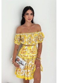 Resim Asprin Fashion İthal Krep Kumaş Desen İkili Takım Sarı Sarı 