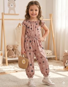 Resim Kız Çocuk Pembe Yıldız Desenli Beli Lastikli Tulum 