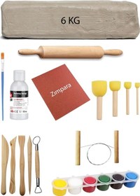 Resim Beyaz Seramik Hamuru 6 Kg Kil Ebeşuar Seti 6x15 Ml Akrilik Set 100 Ml Vernik Ahşap Merdane Zımpara Çok Renkli 