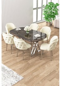 Resim Canisa Zae Serisi 90x168 Lak Panel Antrasit Ironi Krom Ayak Masa Takımı 6 Krem Sandalye Antrasit İroni Masa Krem Sandalye 