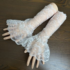 Resim Kadınlar İçin Şık Beyaz Dantel Parmaksız Eldivenler - Esnek, Çiçek Desenli ve Fırfırlı Kenarlı Dekoratif Kolluklar, Düğünler, Partiler & Özel Günler İçin Mükemmel, Özel Gün Giyimi | Dekoratif Kolluklar | Zarif Yapı, Dantel Eldivenler 