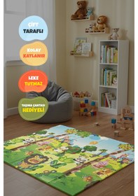 Resim Katlanabilir Çift Taraflı Eğitici Çocuk Oyun Matı, Halısı 180x150x1 Taşıma Çantalı - Aslan Kral 
