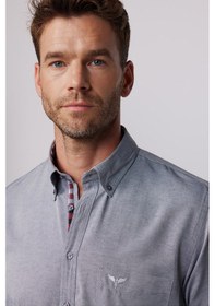 Resim Tudors Erkek Regular Fit Klasik Kesim Pamuklu Oxford Doku Tek Cepli Gri Düğmeli Yaka Gömlek-23442 Gri 