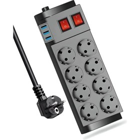 Resim Acl Blic 8'li Termal Akım Korumalı Priz 3 USB Li - Çocuk Korumalı Siyah Renkli Özellikli 