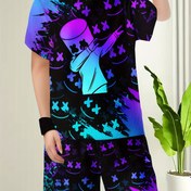 Resim Erkek çocuk yaz spor kıyafeti, rahat figür baskılı tişört ve şort takımı, polyester örgü kumaş, hafif esnek, günlük ve açık hava giyimi, dış mekan için ideal 