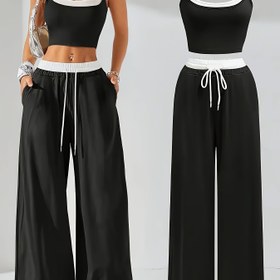 Resim Kadınlar İçin Yazlık Renk Bloklu Set: Camisole Üst + Geniş Paça Pantolon, Şık ve Rahat Tasarım, Alışveriş ve Günlük Kullanım için Trendy Stil 