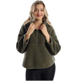 Resim Kadın Kapüşonlu Peluş Sweat Haki 