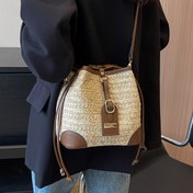 Resim LABOONOO Kadınlar için Geometrik Desenli Hasır Kova Çanta - Ayarlanabilir İpli Bağcıklı Omuz Çantası, Bej & Kahverengi Boho-Chic Tasarım, Günlük ve Resmi Kullanım İçin Crossbody Çanta 