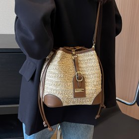 Resim LABOONOO Kadınlar için Geometrik Desenli Hasır Kova Çanta - Ayarlanabilir İpli Bağcıklı Omuz Çantası, Bej & Kahverengi Boho-Chic Tasarım, Günlük ve Resmi Kullanım İçin Crossbody Çanta 