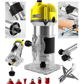 Resim Steiner 3000 W 6 Kademe Devir Ayarlı Formika Traşlama Freze Makinesi 6 MM Pens Sarı + 12 Adet Uç 