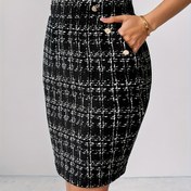 Resim Şık Houndstooth Desenli Etek - Altın Düğme Kapatma ve Bel Kemeri Gibi Cep Detayı, A-Line Mini'den Midi Boya, Siyah/Beyaz/Bej Izgara Deseni, Çizilmez Ofis ile Yarı İş Görünümünde Giysi, Çamaşır Makinesinde Yıkanabilir 