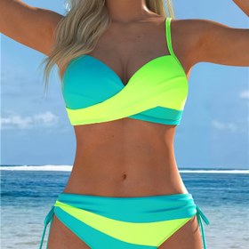 Resim Kadınlar için Avrupa ve Amerika Modası İki Parça Bikini Seti, Basit Renk Seksi Birleştirme Çok Renkli Çapraz Dağılım Ayrı Bikini Seti 