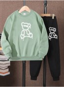 Resim LePold 3 Iplik Üst Mint Alt Siyah Ayıcık Baskılı Kız/erkek Oversize Sweatsihrt & Eşofman Takım 