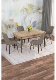 Resim Mona Meşe 80x132 Açılabilir Mdf Masa Yemek Odası Takımı, Mutfak Takımı 4 Adet Sandalye Meşe Masa - 4 Cappuccino - Ceviz Ayak 