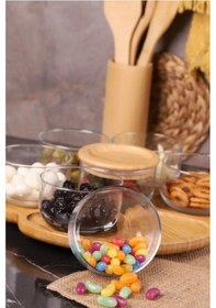 Resim Duo - 7'li Dönen Tepsili Bambu Silikonlu Kapaklı Hava Aldırmaz Cam Kahvaltılık 300 Ml Kahverengi 