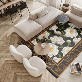 Resim Siyah Çiçekli Modern Geometrik Etnik Eskitme Desenli Boho Makinada Yıkanabilir Hafif Hav Toz Vermez Leke Tutmaz Kaymaz Taban Dijital Makine Baskı Halı Oturma Odası Salon Yolluk Koridor Mutfak Halısı 