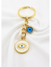 Resim Altın Kaplama Çerçeveli Nazar Boncuklu Nazar Gözlü Salkım Anahtar 