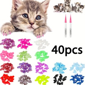 Resim 40 adet Renkli Silikon Kedi Tırnak Kapakları | Çizilmeye Karşı Koruyucu, Yumuşak Evcil Hayvan Pati Kapakları Kolay Uygulama Yapıştırıcısı & Uygulayıcılarla | Toksik Olmayan, Şık Kedi Bakım Aksesuarları | Pembe Yapıştırıcı ve Çok Renkli Tırnak Kapakları, Evcil Hayvan Bakım Aksesuarları|Şık Kedi Aksesuarları|Silikon Tırnak Kapakları 