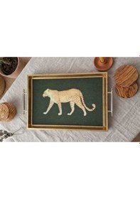 Resim Leopar Desenli Dekoratif Tepsi Gold Çerçeveli Ve Kulplu Çay Kahve & Sunum Tepsisi 