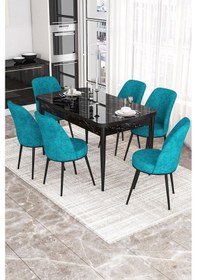 Resim Canisa Kor Serisi 70x114 Açılabilir Mutfak Masası Takımı Siyah Mermer Desen Masa 6 Turkuaz Sandalye Masa Siyah Mermer Desen Sandalye Turkuaz 