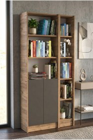 Resim YETİ MOBİLYA Flat85 Kitaplık 2 Kapaklı Kütüphane Çok Amaçlı Dolap Çam Antrasit 