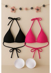 Resim Modadua Kadın Siyah Ve Fuşya Minimal Kesim Üçgen Bikini Üstü Çok Renkli 