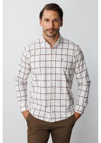 Resim Ekru Dynamic Fit Düğmeli Yaka Ekose Uzun Kollu Pamuklu Gömlek-20016 Kahverengi 