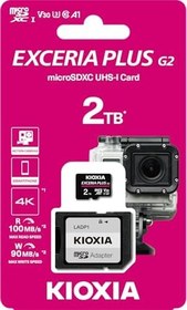 Resim KIOXIA 2TB Exceria Plus G2 Micro SDXC 4K 100/90MB/sn Hafıza Kartı (SD Adaptörlü) 