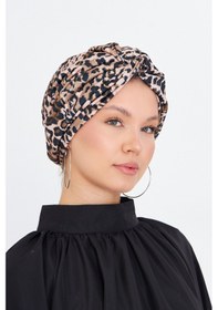 Resim Hürrem Bone Pudra Çapraz Büzgülü Tesettür Bone Sandy Leopar Desen 2511 06 Pudra 