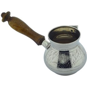 Resim El Yapımı 350ml Dekoratif İşlemeli Ahşap Saplı Kalın Pirinç Cezve 9,5cmx10cm 