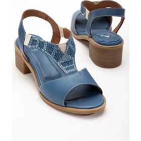 Resim Kadın Analin Shoes Taşlı Sandalet 2690 Deri Lastikli Orta Topuk Yaz Stili ile Rahatlık 
