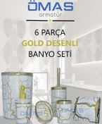 Resim ÖMAS Otomasyon 6 Parça Gold Desenli Banyo Seti,beyaz Gold Banyo Seti,sıvı Sabunluk,peçetelik,çöp Kovası Set 