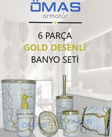 Resim ÖMAS Otomasyon 6 Parça Gold Desenli Banyo Seti,beyaz Gold Banyo Seti,sıvı Sabunluk,peçetelik,çöp Kovası Set 