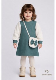Resim Babyden's Bayramlık Şık Ve Rahat Kız Bebek Elbise Çantalı Yumuşak Peluş Kollu Kışlık Çocuk Kombini Haki 