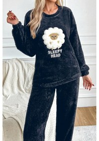 Resim Nisanca Desenli Tam Peluş Kışlık Yılbaşı Kadın Pijama Takımı Siyah 