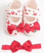 Resim LOGO AKSESUAR 0-3 Ay Yeni Doğan Çilek Desenli Kırmızı Bebek Bandana Patik Seti 