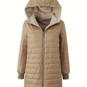 Resim Kadınlar için Rahat Kapüşonlu Ceket - Orta Uzunlukta Yorganlı Mont, Dolgulu Yalıtım, Bej Düz Renk, Normal Beden Uzun Kollu, Rahat Giyim ve Hafif Dış Mekan, Hafif Katmanlama, Klasik Kapüşonlu Mont, Rahat Astar, Kapüşonlu Mont, Rahat Giyim 