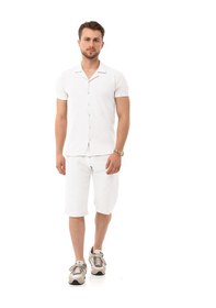 Resim Erkek Mekanik Keten Gömlekli Diz Altı Kapri Takım Beyaz 
